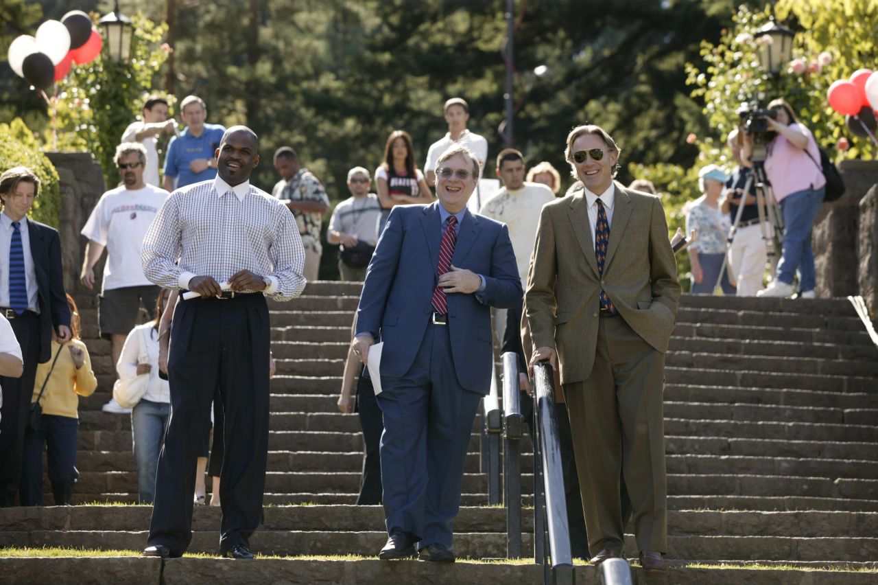 Portland Trail Blazers owner Paul Allen arrives at a press conference with the team's new head coach, Nate McMillan, left, and team president Steve Patterson, right, on July 7, 2005 at Washington Park in Portland, Oregon.