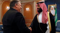 US Secretary of State Mike Pompeo (L) shakes hands with Saudi Crown Prince Mohammed bin Salman in Riyadh, on October 16, 2018. (LEAH MILLIS/AFP/Getty Images)
