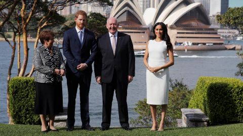 Lady Lynne Cosgrove, Prince Harry, Australia Governor-General Peter Cosgrove and Meghan during a welcome event at Admiralty House on Tuesday in Sydney.