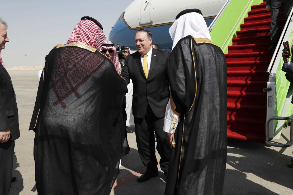 Saudi Foreign Minister Adel al-Jubeir, left, meets US Secretary of State Mike Pompeo Tuesday in Riyadh.