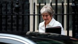 LONDON, ENGLAND - OCTOBER 15: British Prime Minister Theresa May leaves Downing Street on October 15, 2018 in London, England. Theresa May will make an urgent statement to the House of Commons this afternoon as Brexit negotiations have stalled over the real problem of the Northern Ireland Border. She will also meet with members of Sinn Fein who are in town to talk with both her and the Labour leader Jeremy Corbyn pressing them both on their commitments to uphold the Good Friday Agreement. (Photo by Dan Kitwood/Getty Images)