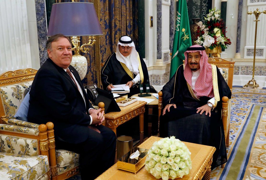 Saudi Arabia's King Salman, right meets with US Secretary of State Mike Pompeo in Riyadh.