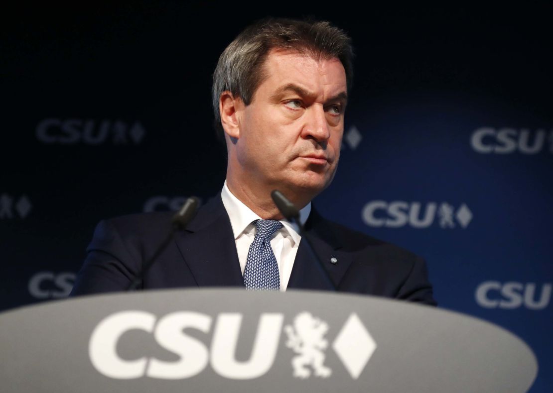 Markus Soeder, head of the CSU in Bavaria, at a news conference Monday.