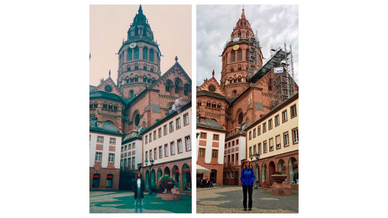 <strong>Changing times:</strong> How we document our holidays has changed dramatically. "People have commented that nowadays we take selfies but back then we were placing ourselves within the locations featuring the places more," Werner says. Here, Werner recreates her original photo at Mainz Cathedral.