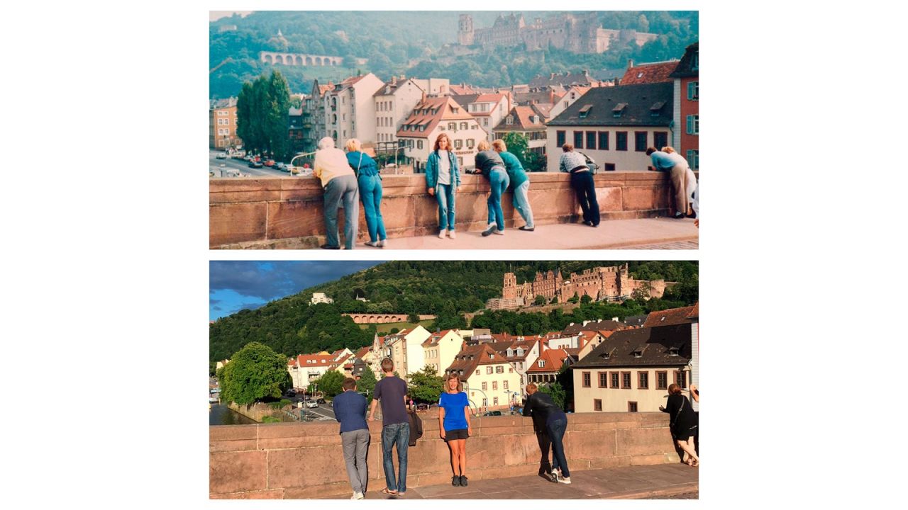 <strong>Group effort:</strong> Werner even got others in on the action in order to accurately recreate the original photographs. Here, German students help her reenact a scenic shot of Heidelberg, also in Germany.