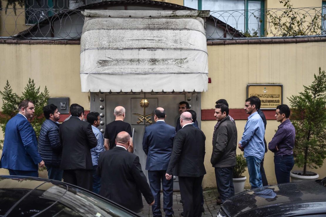 A Saudi investigation delegation enters the Saudi Arabian consulate Monday before Turkish investigators arrive.