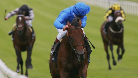 Frankie Dettori and the Godolphin trained Dubawi land the Irish 2000 Guineas Race run at The Curragh Racecourse in May 2005.