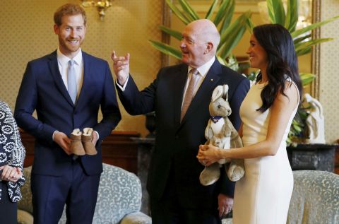 Harry and Meghan receive Australian baby gifts from Governor-General Sir Peter Cosgrove.