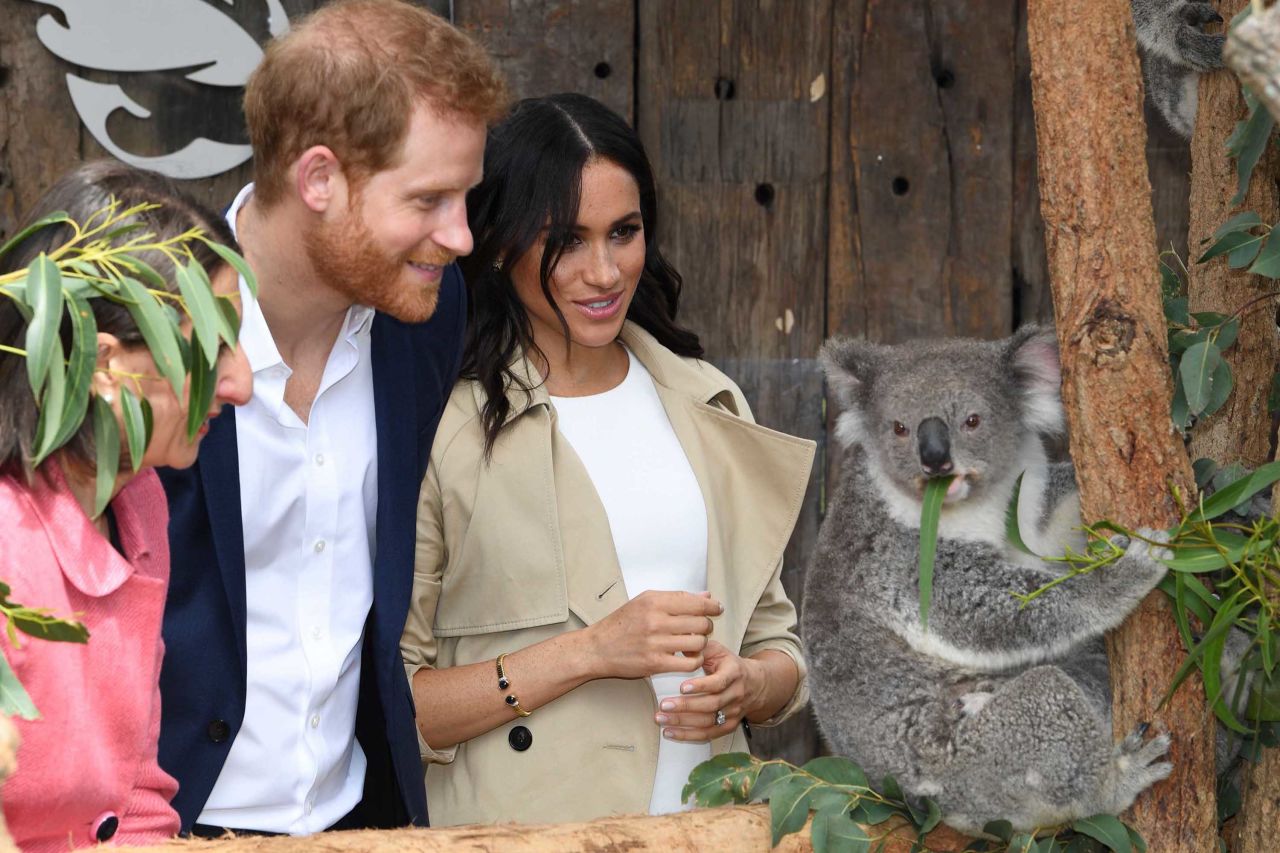 Harry and Meghan meet a koala, named Ruby, and its joey, named Meghan, in honor of the duchess, during a visit on Tuesday, October 16, to Taronga Zoo in Sydney.