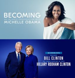 Promotional graphics from Live Nation for upcoming tour for Michelle Obama and BIll and Hillary Clinton.