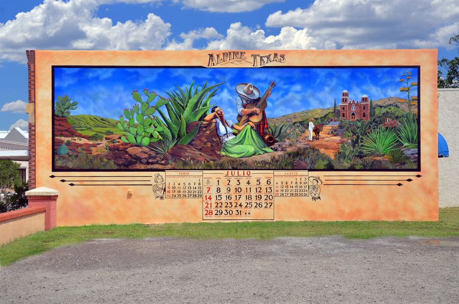 This mural titled "Poco a Poquito" ("A Little to a Little Bit") is based on traditional Mexican calendars and was designed by artist Stylle Read and is in the town of Alpine.