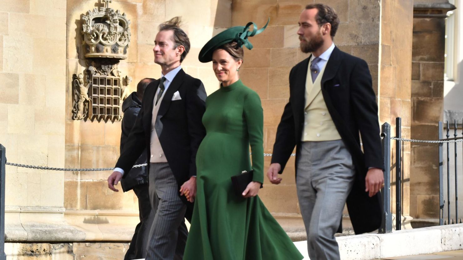 Pippa Middleton attends the wedding of Princess Eugenie of York to Jack Brooksbank alongside husband James Matthews, pictured left, and brother James Middleton, pictured right, on Friday. 