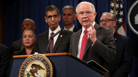 Then-U.S. Attorney General Jeff Sessions speaking at a news conference on October 16, 2018.