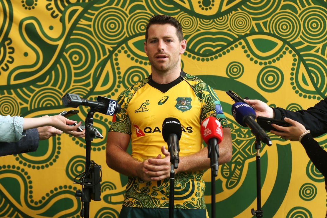 Australia's Bernard Foley dons the new design at a media day for Rugby Australia. 