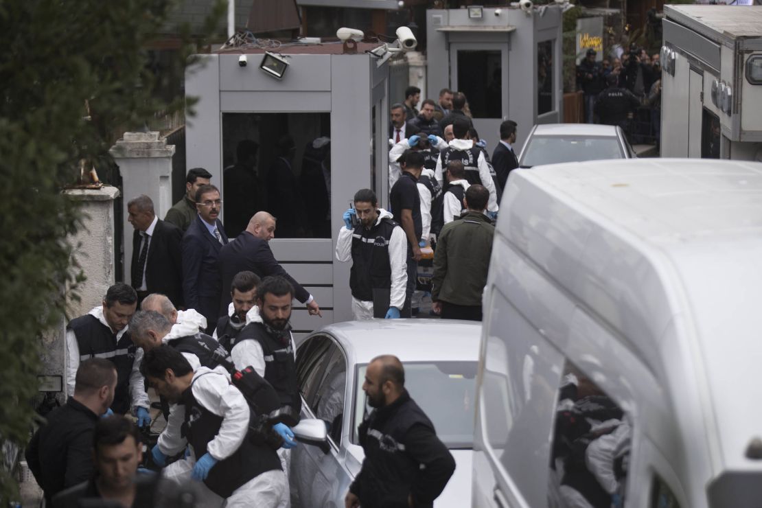 Turkish police officers gather outside the Saudi consul general's residence in Istanbul Wednesday.