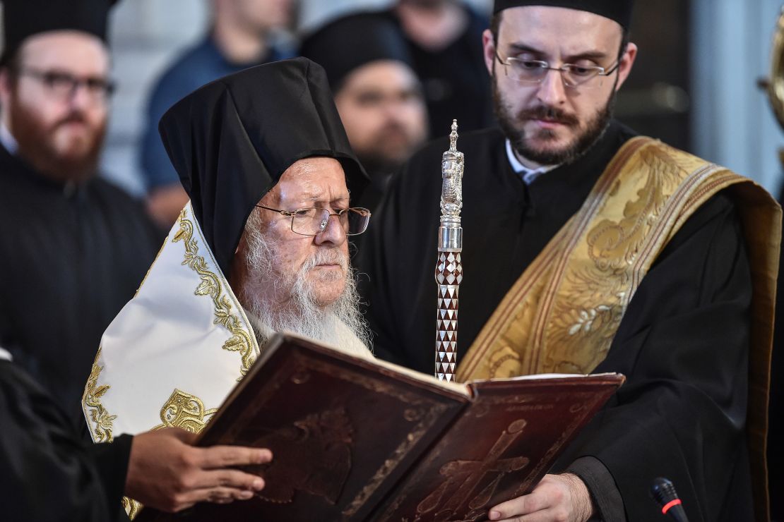 Ecumenical Patriarch Bartholomew I prays at the Hagia Triada Greek Orthodox church in Istanbul in September 2018.