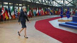 BRUSSELS, BELGIUM - OCTOBER 17:  British Prime Minister Theresa May arrives at the Euro Summit on October 17, 2018 in Brussels, Belgium. During the October EU Council Meeting British Prime Minister, Theresa May, will address the assembled 27 EU Leaders on the progress of Brexit negotiations prior to an Article 50 working dinner. The 27 will also meet to discuss negotiations on the deepening of the Economic and Monetary Union, Migration and Internal Security.  (Photo by Pier Marco Tacca/Getty Images)