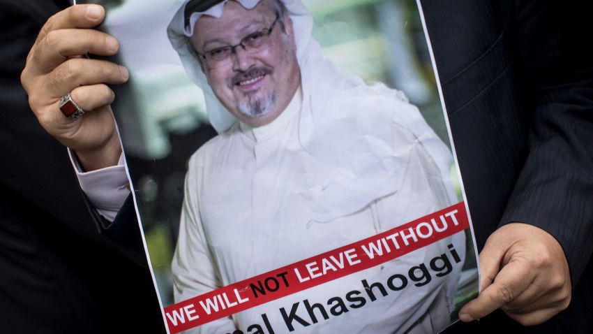 ISTANBUL, TURKEY - OCTOBER 08:  A man holds a poster of Saudi journalist Jamal Khashoggi during a protest organized by members of the Turkish-Arabic Media Association at the entrance to Saudi Arabia's consulate on October 8, 2018 in Istanbul, Turkey. Fears are growing over the fate of missing journalist Jamal Khashoggi after Turkish officials said they believe he was murdered inside the Saudi consulate. Saudi consulate officials have said that missing writer and Saudi critic Jamal Khashoggi went missing after leaving the consulate, however the statement directly contradicts other sources including Turkish officials. Jamal Khashoggi a Saudi writer critical of the Kingdom and a contributor to the Washington Post was living in self-imposed exile in the U.S.  (Photo by Chris McGrath/Getty Images)