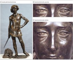 A bronze sculpture of David, reputed to be a depiction of the young Leonardo da Vinci, shows eye misalignment, the study says. 