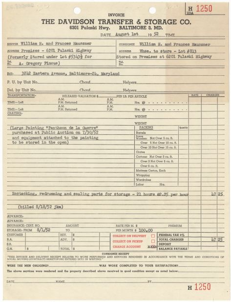 A 1952 storage invoice that evidences the fact the the painting was "to be stored in the open."