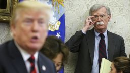 WASHINGTON, DC - MAY 22:  US President Donald Trump speaks as National security advisor John Bolton listens during a meeting with South Korean President Moon Jae-in, in the Oval Office of the White House on May 22, 2018 in Washington DC.  (Photo by Oliver Contreras-Pool/Getty Images)