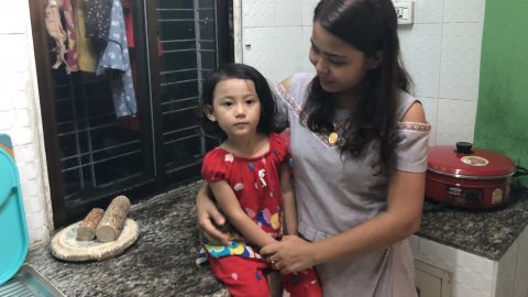 Chit Su Win, wife of Kyaw Soe Oo, with their 3-year-old daughter Moe Thin Wai Zan. They just moved to Yangon from Sittwe to be closer to the jail.
