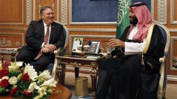 US Secretary of State Mike Pompeo, left, meets with Saudi Crown Prince Mohammed bin Salman in Riyadh, on October 16, 2018. Pompeo held talks with Saudi King Salman seeking answers about the disappearance of journalist Jamal Khashoggi, amid US media reports the kingdom may be mulling an admission he died during a botched interrogation. 