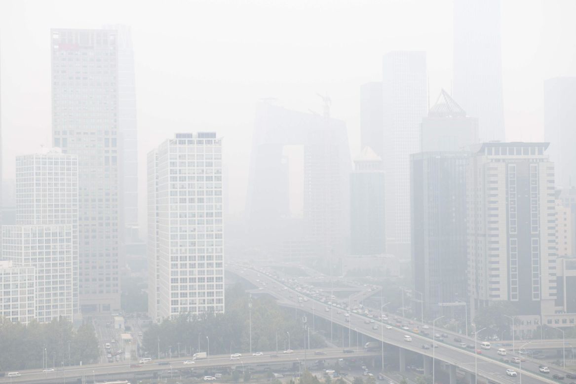 A general view shows the central business district on a polluted day in Beijing on Monday, October 15.