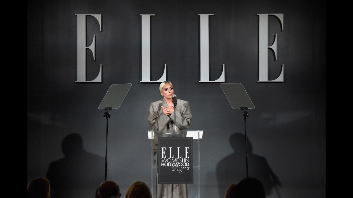 Lady Gaga speaks during Elle magazine's 25th Annual Women In Hollywood Celebration in Los Angeles on Monday, October 15.