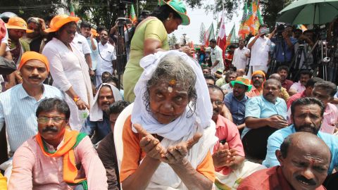 Hindu devotees take part in a protest against an Indian Supreme Court verdict revoking a ban on women's entry to a temple in Kerala state.