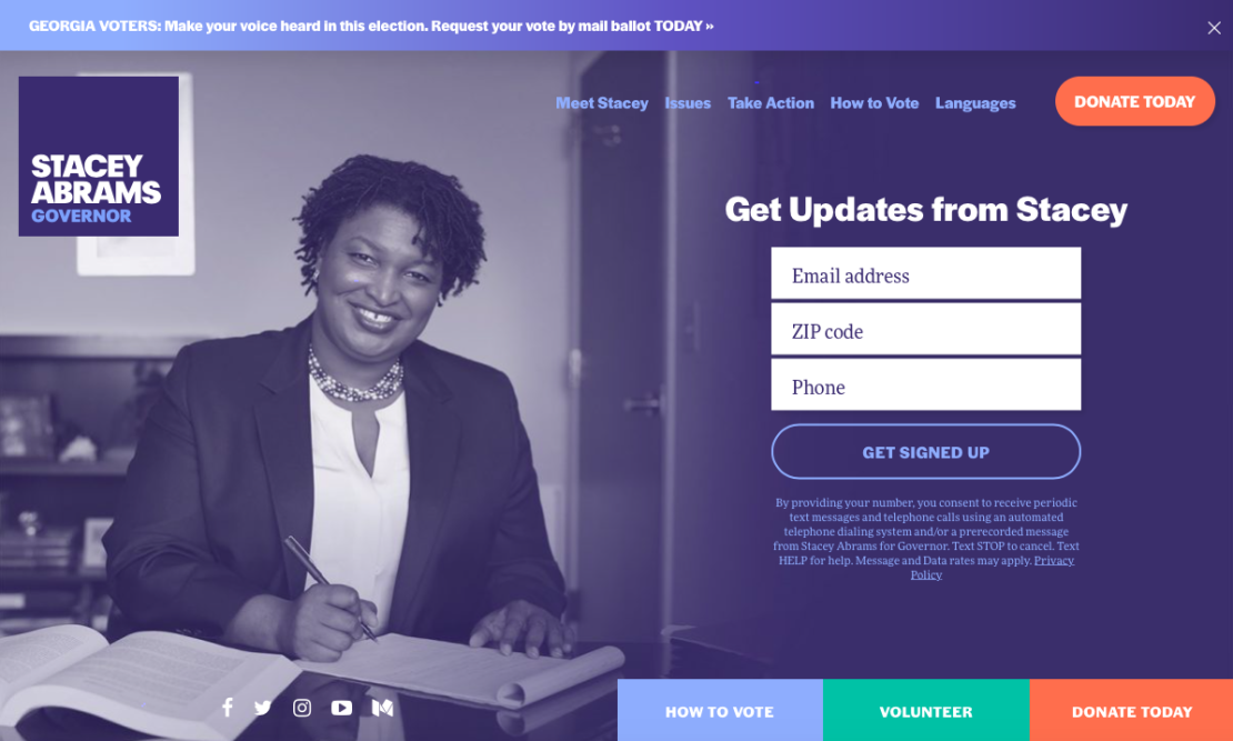 Georgia gubernatorial candidate Stacey Abrams used colors that played on the typical Democratic blue, plus aqua green and peach, a nod to her state.