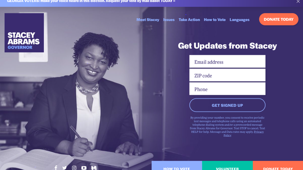 Georgia gubernatorial candidate Stacey Abrams used colors that played on the typical Democratic blue, plus aqua green and peach, a nod to her state.