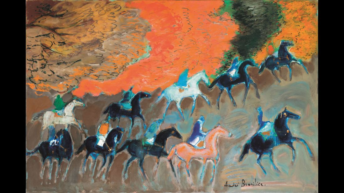 Growing up in war-time France, the young artist found inspiration in the horses that plowed the fields outside his family's countryside manor. The passion stuck and Brasilier now paints horses in various different settings. 