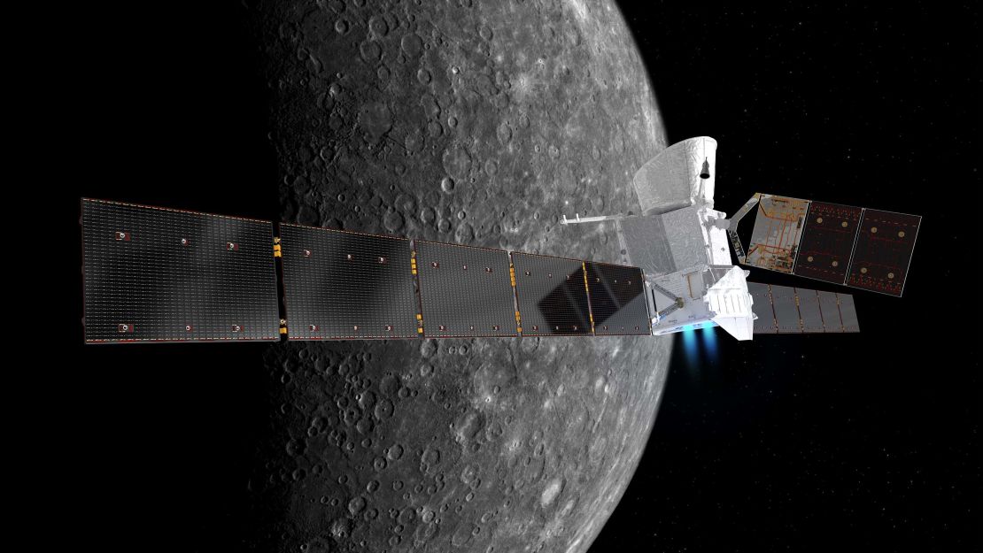 This is an artist's impression of the BepiColombo spacecraft with Mercury in the background.