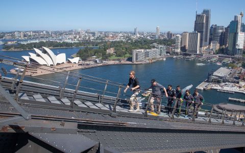 Harry, Australian Prime Minister Scott Morrison and Invictus Games representatives climb the Sydney Harbour Bridge in Sydney.