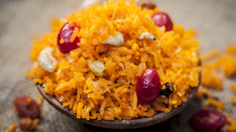 <strong>Zarda:</strong> This sweet rice dish is usually yellow or occasionally multicolor. It's made with sugar, milk and food coloring and flavored with cardamoms, raisins, pistachios and almonds.