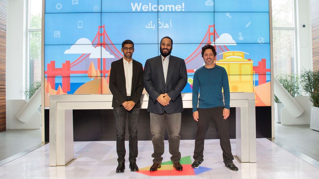 Crown Prince of Saudi Arabia Mohammed bin Salman Al Saud (C) poses for a photo with one of the Google co-founders Sergey Brin (R) and Google CEO Sundar Pichai (L) during his visit to Silicon Valley in San Francisco, California, United States on April 5, 2018 (BANDAR ALGALOUD / SAUDI KINGDOM COUNCIL / HANDOUT).