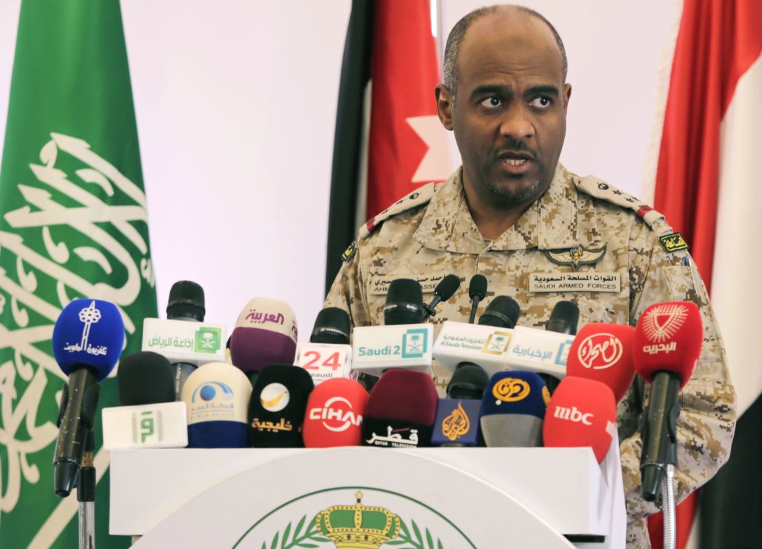 Ahmed Asiri briefs journalists on the Saudi-led coalition's strikes on Houthi rebels in Yemen, during a press conference, in Riyadh, Saudi Arabia, Saturday, April 18, 2015.