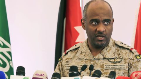 Ahmed Asiri briefs journalists on the Saudi-led coalition's strikes on Houthi rebels in Yemen, during a press conference, in Riyadh, Saudi Arabia, Saturday, April 18, 2015.