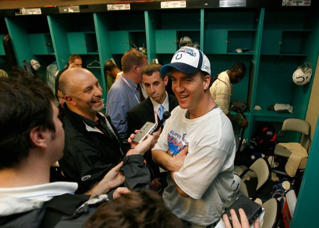 MVP quarterback Peyton Manning of the Indianapolis Colts speaks to the media in the locker room after winning Super Bowl XLI against the Chicago Bears on February 4, 2007 at Dolphin Stadium in Miami Gardens, Florida.