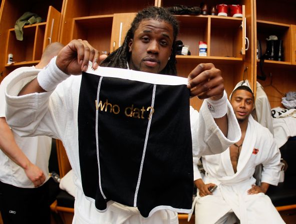Reggie Jones of the New Orleans Saints celebrates in the locker room after defeating the Indianapolis Colts during Super Bowl XLIV on February 7, 2010 at Sun Life Stadium in Miami Gardens, Florida.