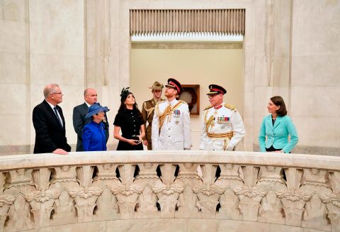 Harry and Meghan view the Hall of Memory on Saturday, October 20, at the official opening of ANZAC Memorial in Sydney.