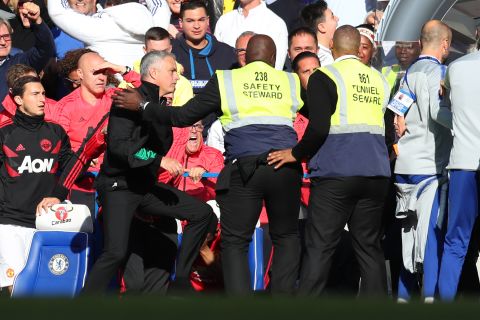 In October, stewards at Stamford Bridge had to hold back Mourinho after he was incensed by a member of the home team's support staff — Marco Ianni — crossing into the United technical area.