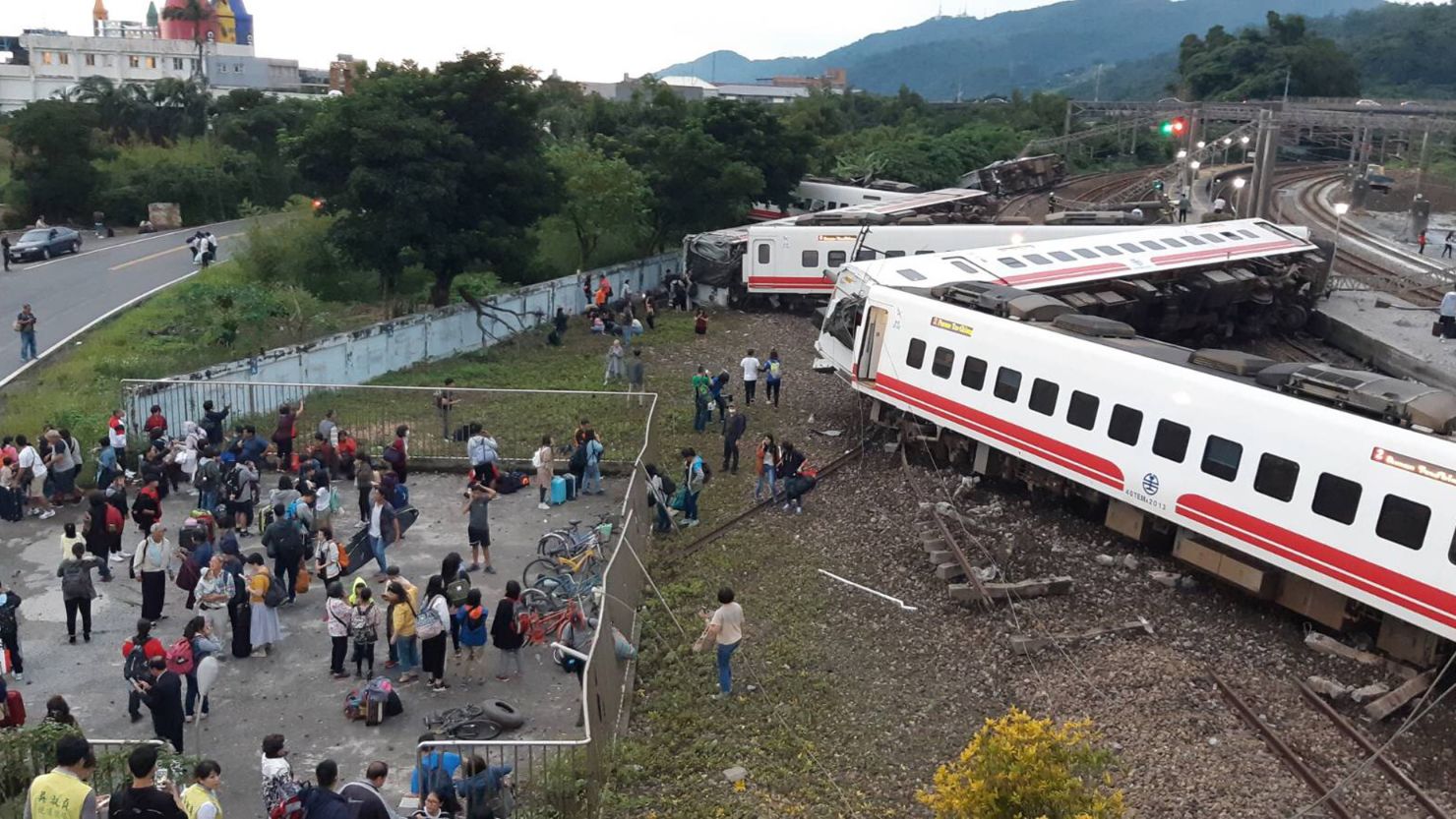 The derailed train in Yilan County, Taiwan, on Sunday.