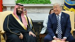 US President Donald Trump (R) meets with Saudi Arabia's Crown Prince Mohammed bin Salman in the Oval Office of the White House on March 20, 2018 in Washington, DC. / AFP PHOTO / MANDEL NGAN        (Photo credit should read MANDEL NGAN/AFP/Getty Images)