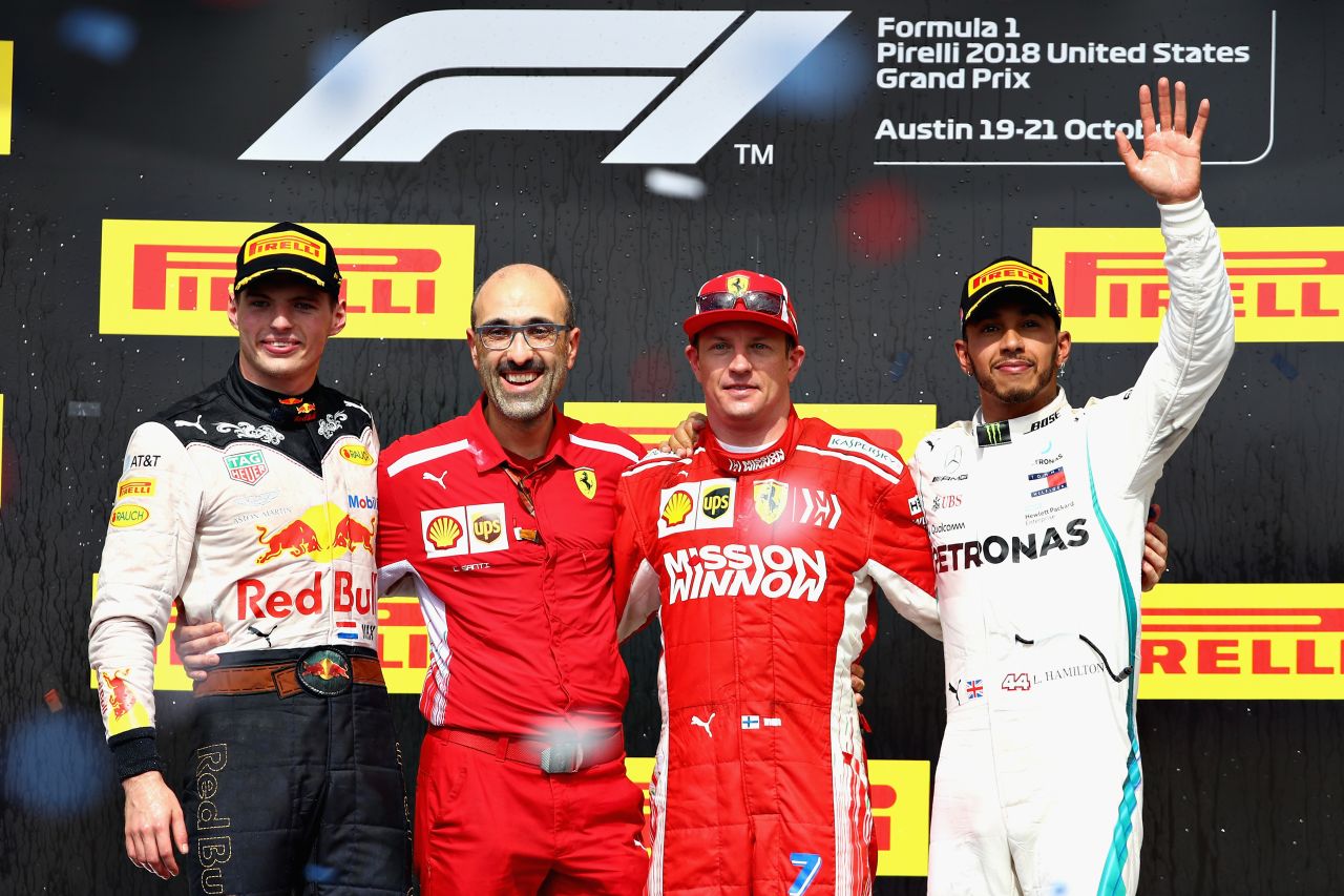 Race winner Kimi Raikkonen is flanked by second-placed Max Verstappen (far left) and Lewis Hamilton, who finished third after a thrilling US Grand Prix. Hamilton increased his title lead to 70 points over Sebastian Vettel ahead of the final three rounds of the championship. 