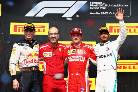 Race winner Kimi Raikkonen is flanked by second-placed Max Verstappen (far left) and Lewis Hamilton, who finished third after a thrilling US Grand Prix. Hamilton increased his title lead to 70 points over Sebastian Vettel ahead of the final three rounds of the championship. 