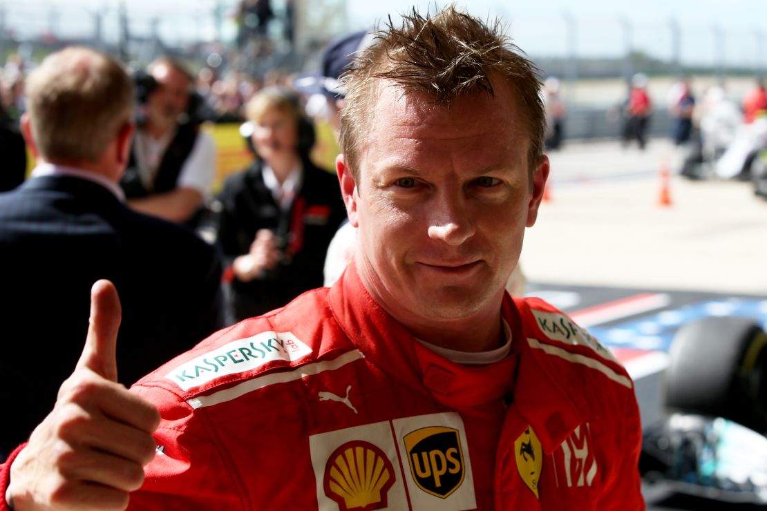 Kimi Raikkonen gives the thumbs up after ending his over five-year wait for a grand prix victory at the Circuit of Americas in Texas.