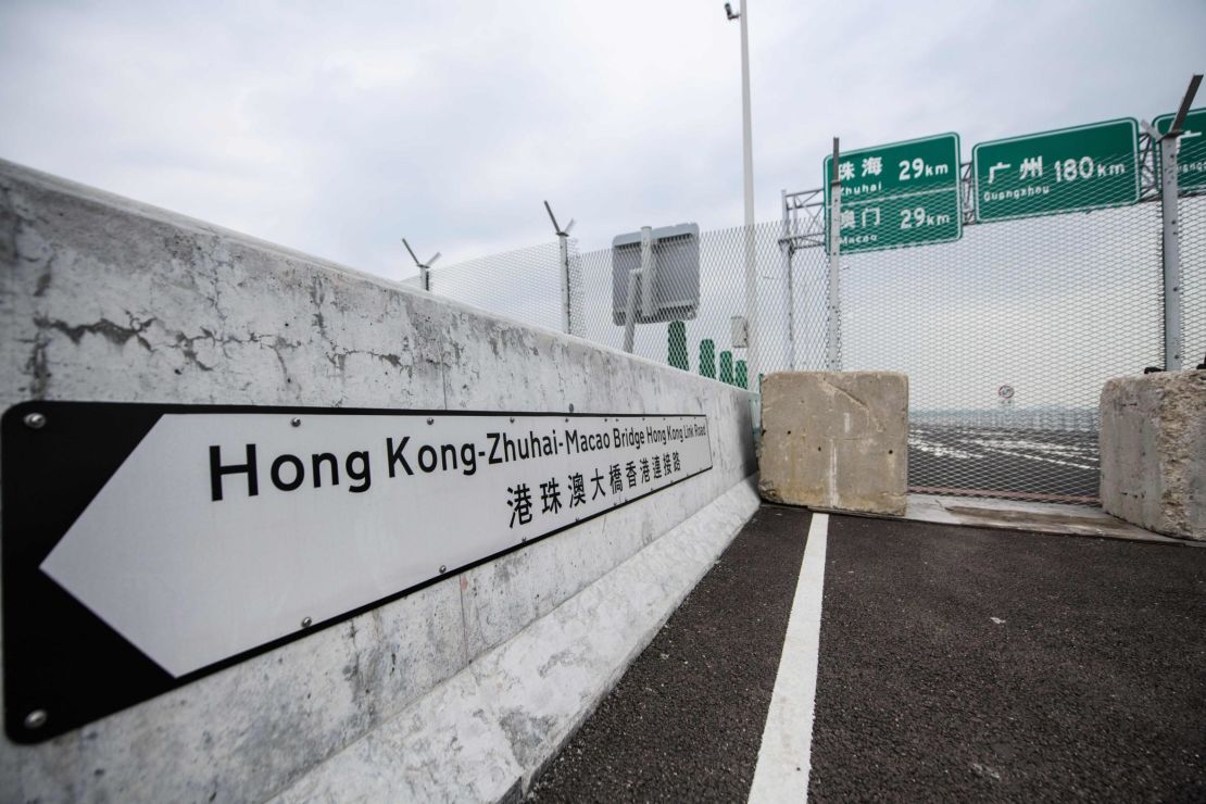 A general view shows a barrier on the Hong Kong side of the Hong Kong-Zhuhai-Macau Bridge (HKZM) on October 19, 2018, five days ahead of its opening ceremony.