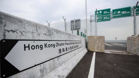 A general view shows a barrier on the Hong Kong side of the Hong Kong-Zhuhai-Macau Bridge (HKZM) on October 19, 2018, five days ahead of its opening ceremony.